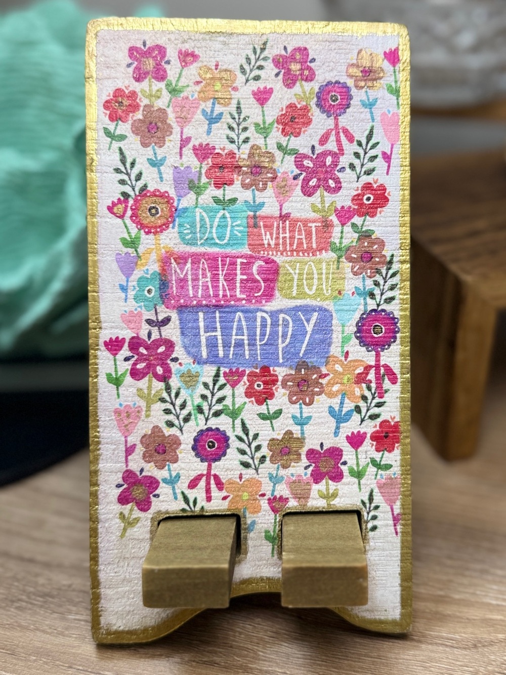 2Pc Natural Life Floral Wood Phone Stand Desktop Holder "Do What Makes You Happy